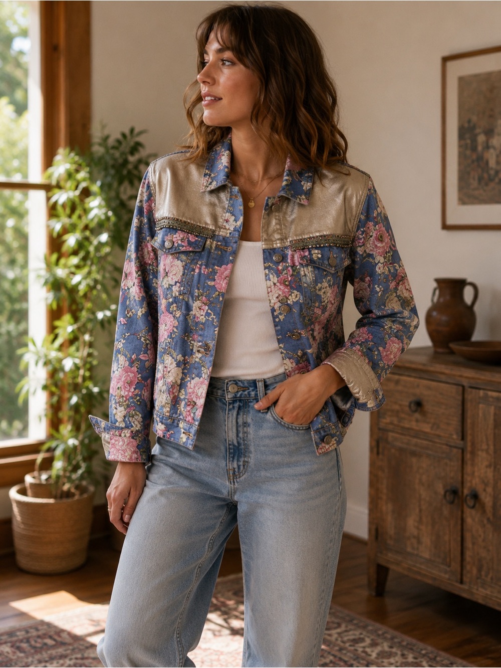 Floral Blue and Pink jean Jacket size M/L fits M best or Large for Oversized fit